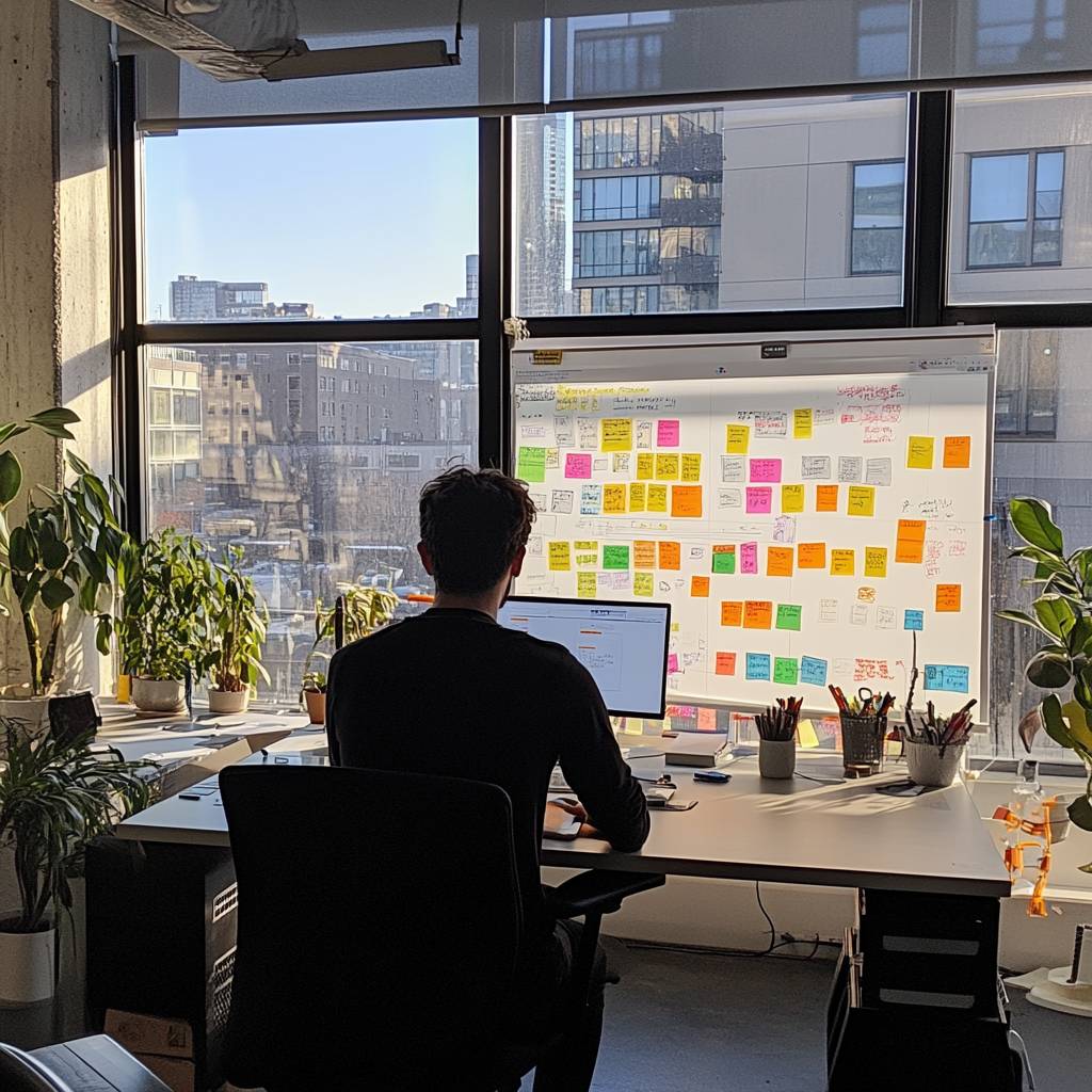 A person sits at a desk in an office, facing a computer and a wall covered in colorful sticky notes, with plants in the foreground and sunlight streaming in.