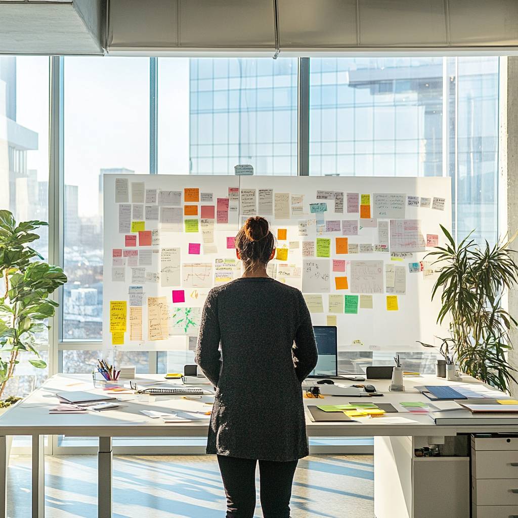 A woman stands in an office facing a wall covered with colorful sticky notes and papers, with a desk and plants in the foreground.