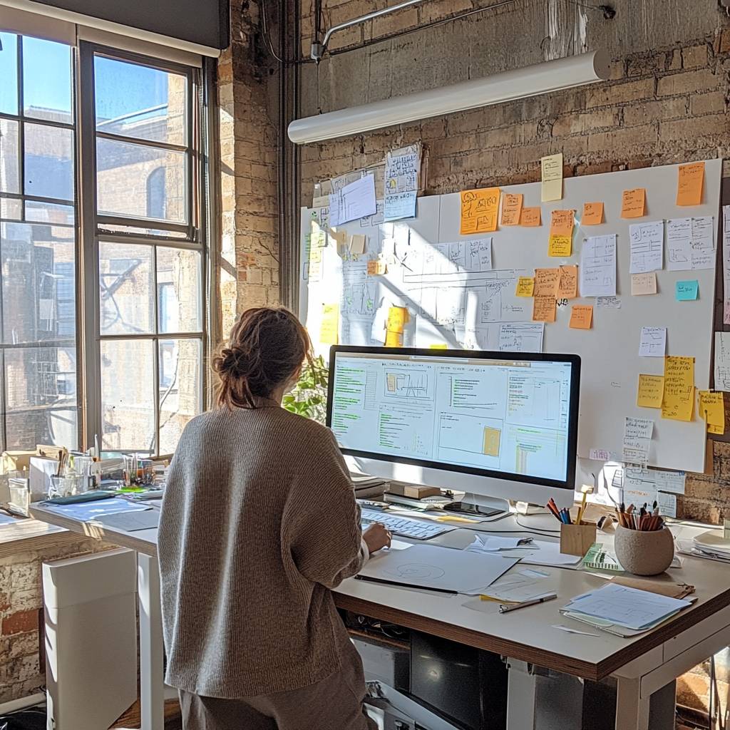 A person sitting at a desk with a large computer monitor, surrounded by sticky notes on a wall and papers on the desk, in a sunlit office space.