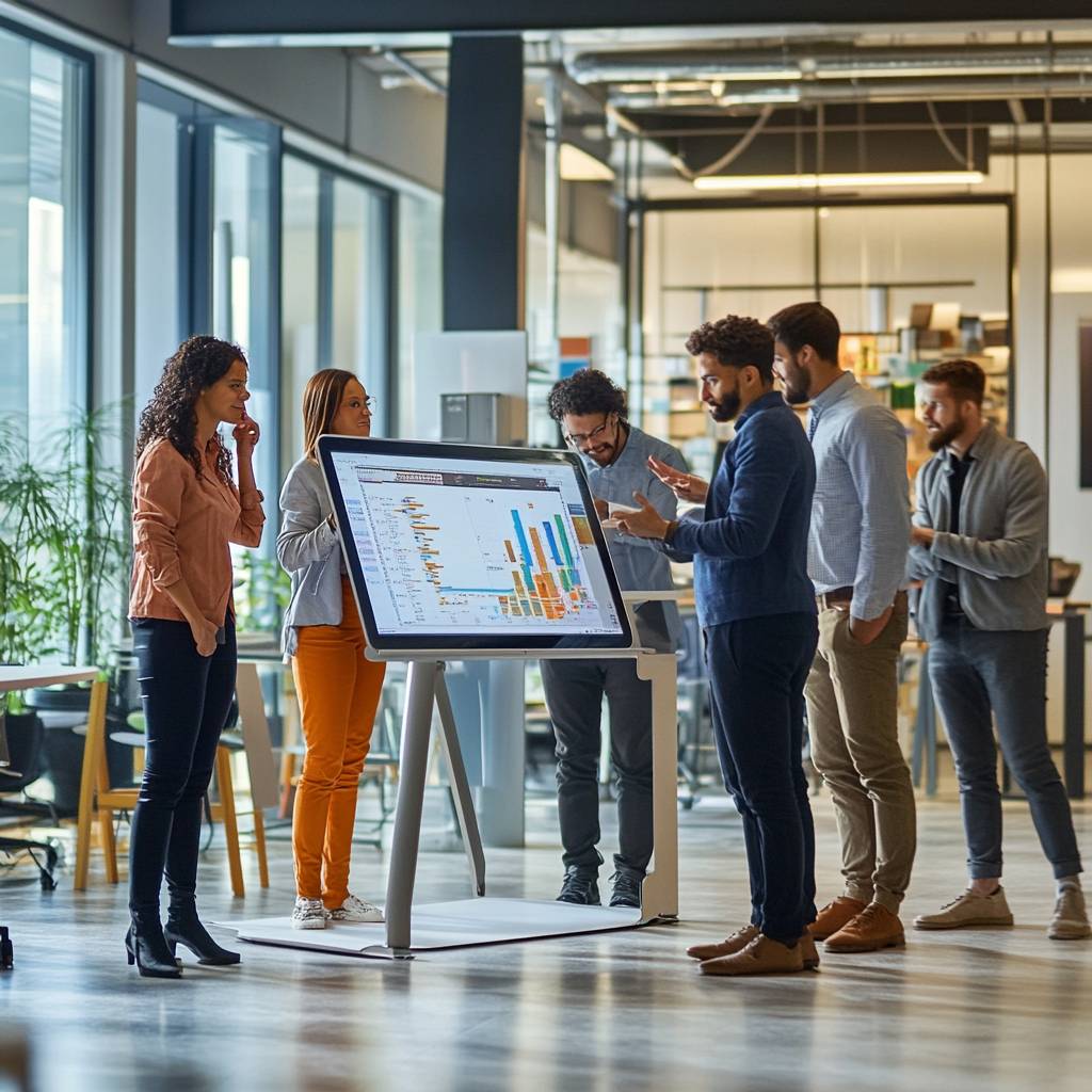 A group of professionals collaborating around a digital display showing colorful graphs and data in a modern office environment.
