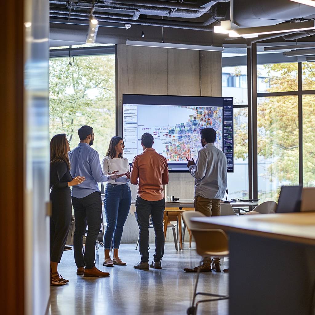 A group of five people is engaged in a discussion in a modern office, with a large screen displaying a colorful map in the background.