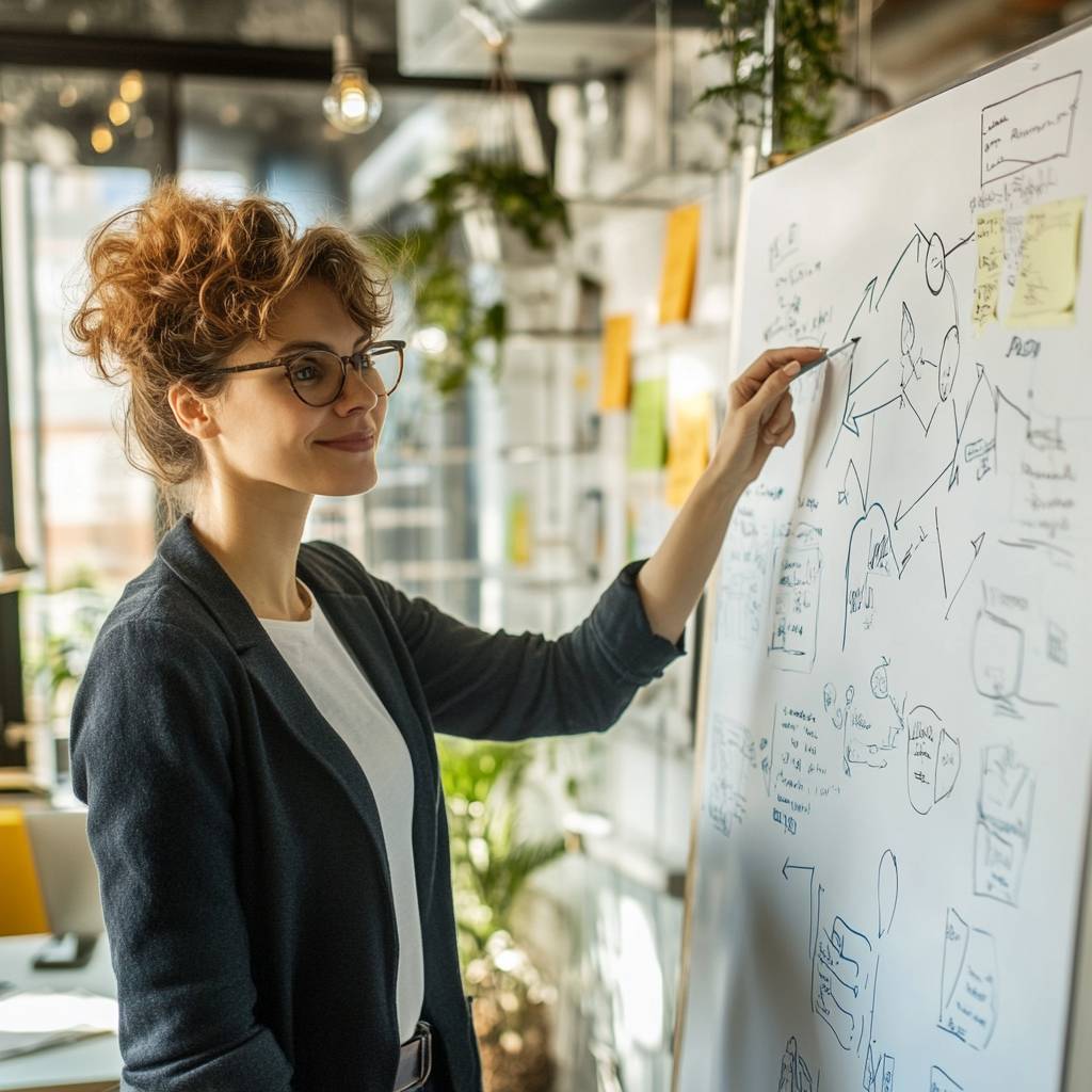 A young woman with curly hair and glasses smiles while writing on a whiteboard filled with notes and diagrams in a bright office environment.