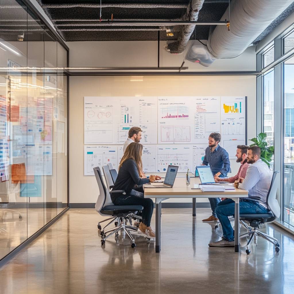 A group of six professionals sits around a table in a modern office, discussing data displayed on charts and screens while laptops are open.
