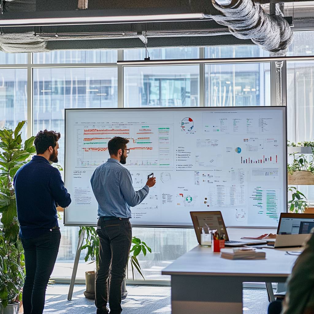 Two professionals stand in front of a large screen displaying various charts and data visualizations, with plants and a desk in the foreground.