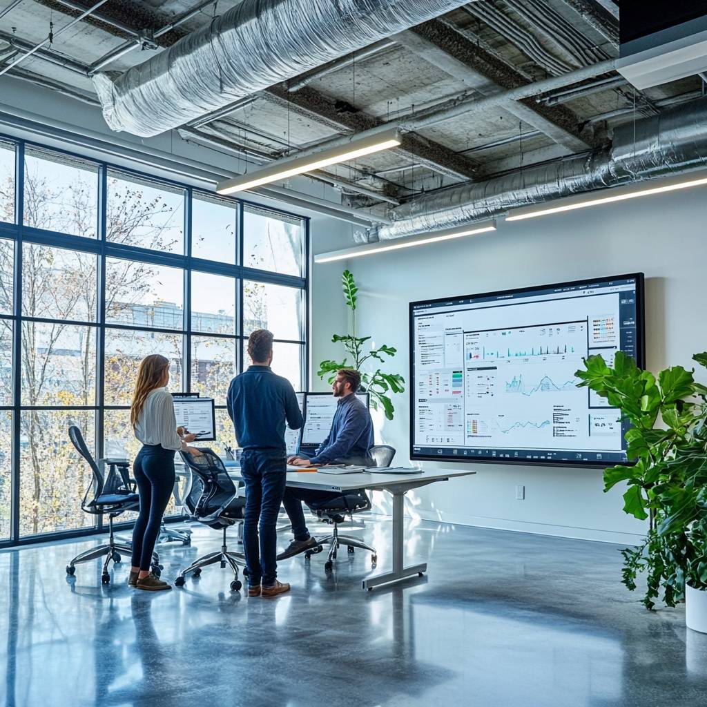 Three professionals are discussing data in a modern office space with large windows, a digital display, and greenery around them.