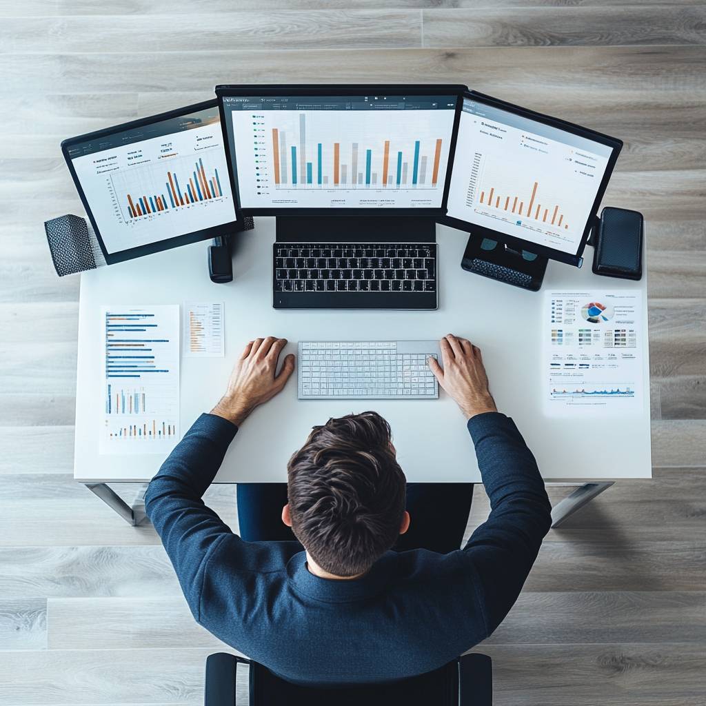 A person wearing a navy blazer sits at a desk with three screens displaying colorful graphs and charts, surrounded by papers and a keyboard.