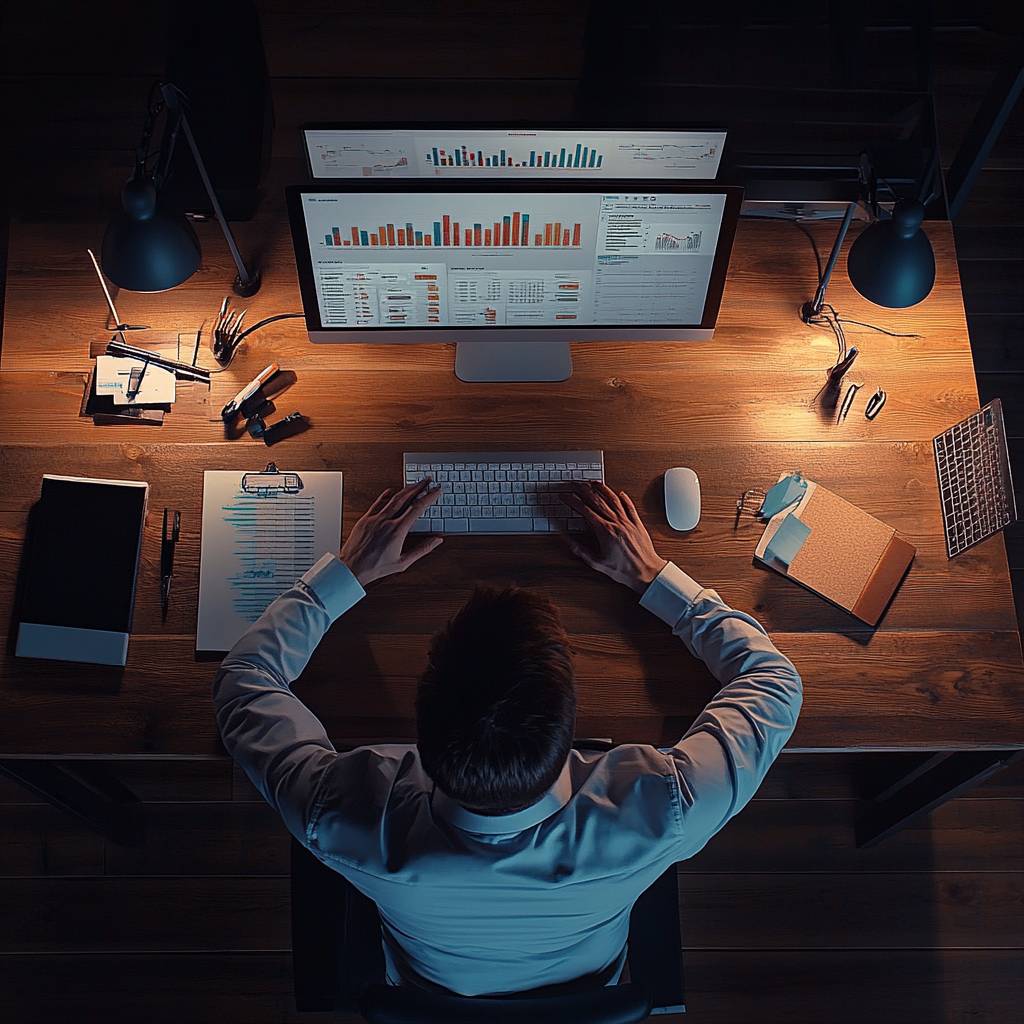 Aerial view of a man in a white shirt working on a computer at a wooden desk, surrounded by documents, a lamp, and office supplies in a dimly lit room.
