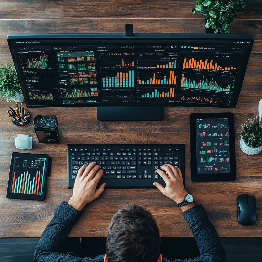 A person using a computer at a desk, surrounded by multiple screens displaying financial data and charts, with a tablet and office supplies nearby.