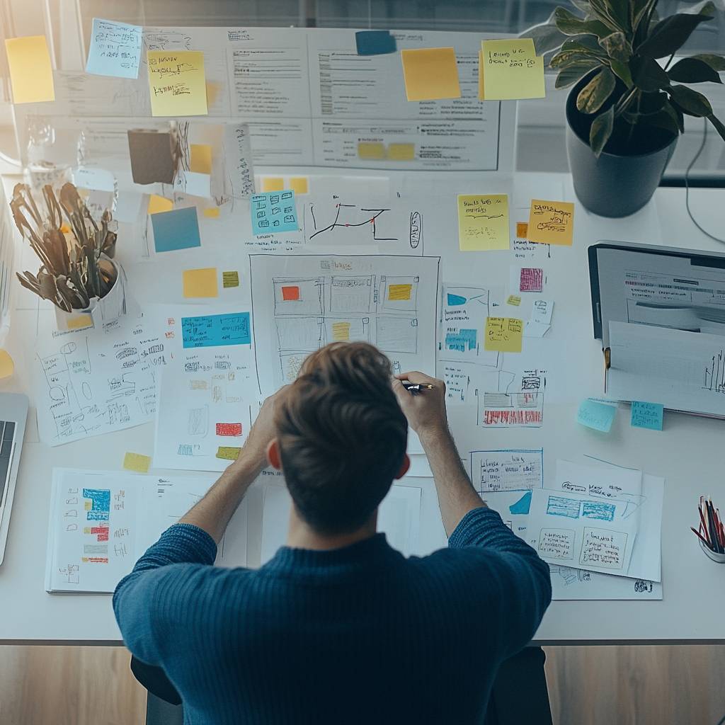 A person sitting at a desk covered in notes and sketches, working on a design project. A plant and a laptop are also visible.