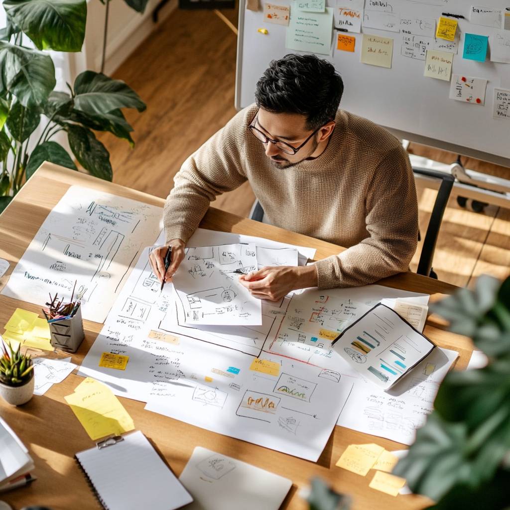 A man in a beige sweater is sitting at a wooden desk covered with sketches and notes, working on designs in a well-lit room with plants.