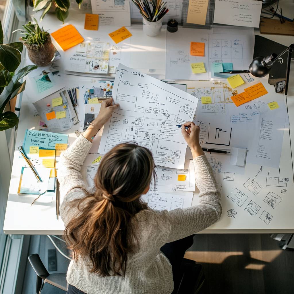 A woman with long hair is sitting at a cluttered desk covered in sketches, sticky notes, and pens while reviewing design drafts.