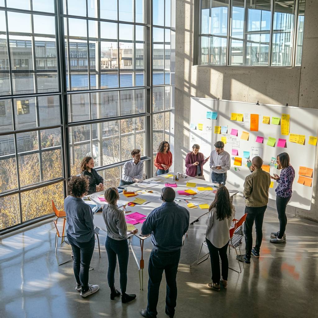 A diverse group of people engaging in a collaborative brainstorming session around a table covered in colorful sticky notes and papers.