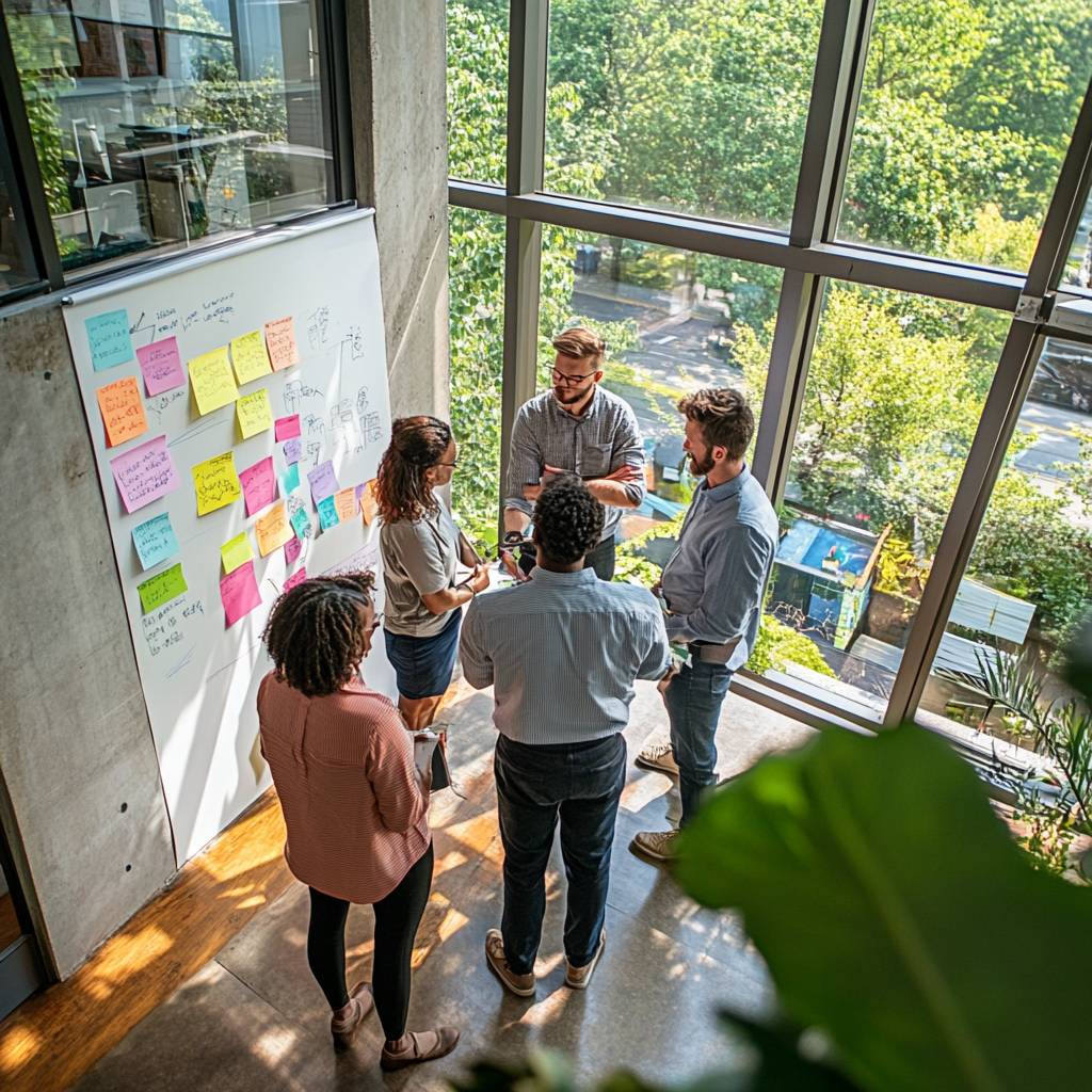 A group of five people collaborates in a modern office space, engaging in discussion around a smartphone and colorful sticky notes on a wall.