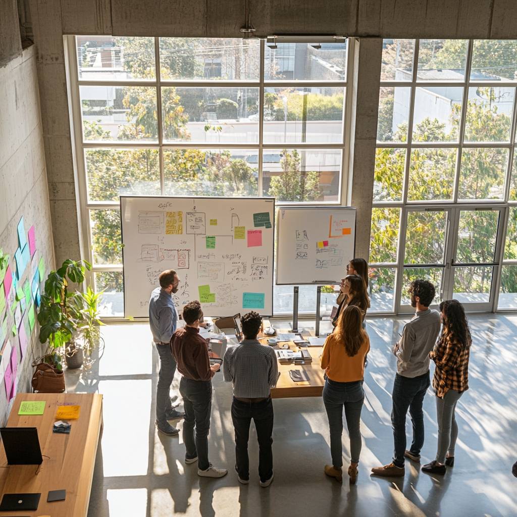 A diverse group of six people in a sunlit meeting room discussing ideas around whiteboards filled with notes and colorful sticky notes.