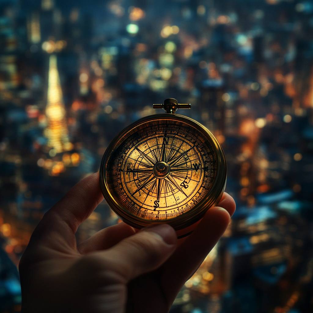 A close-up of a hand holding a vintage brass compass, with a blurred city skyline illuminated by lights in the background.