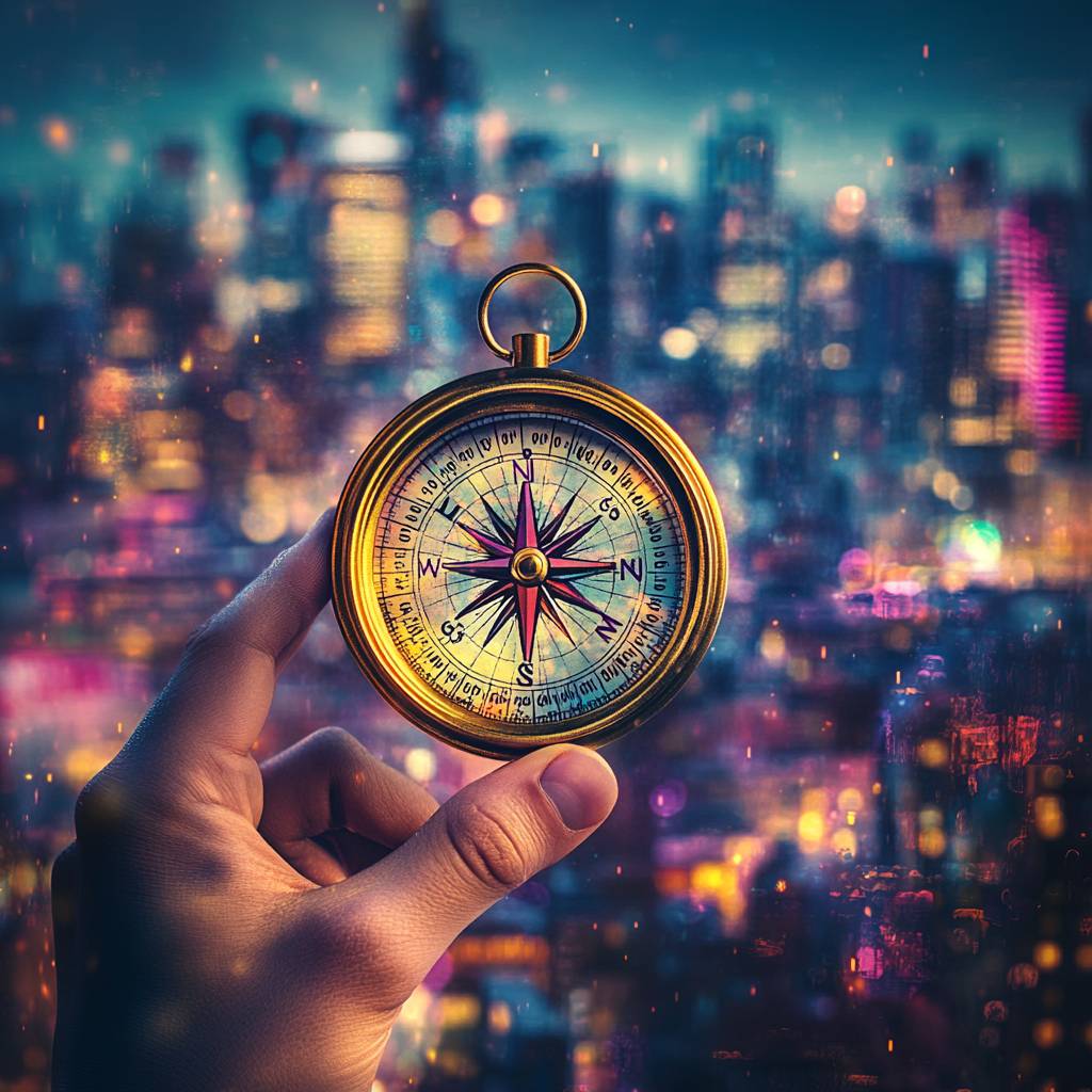A close-up of a hand holding a vintage compass against a blurred cityscape at night, illuminated with colorful lights and reflections.