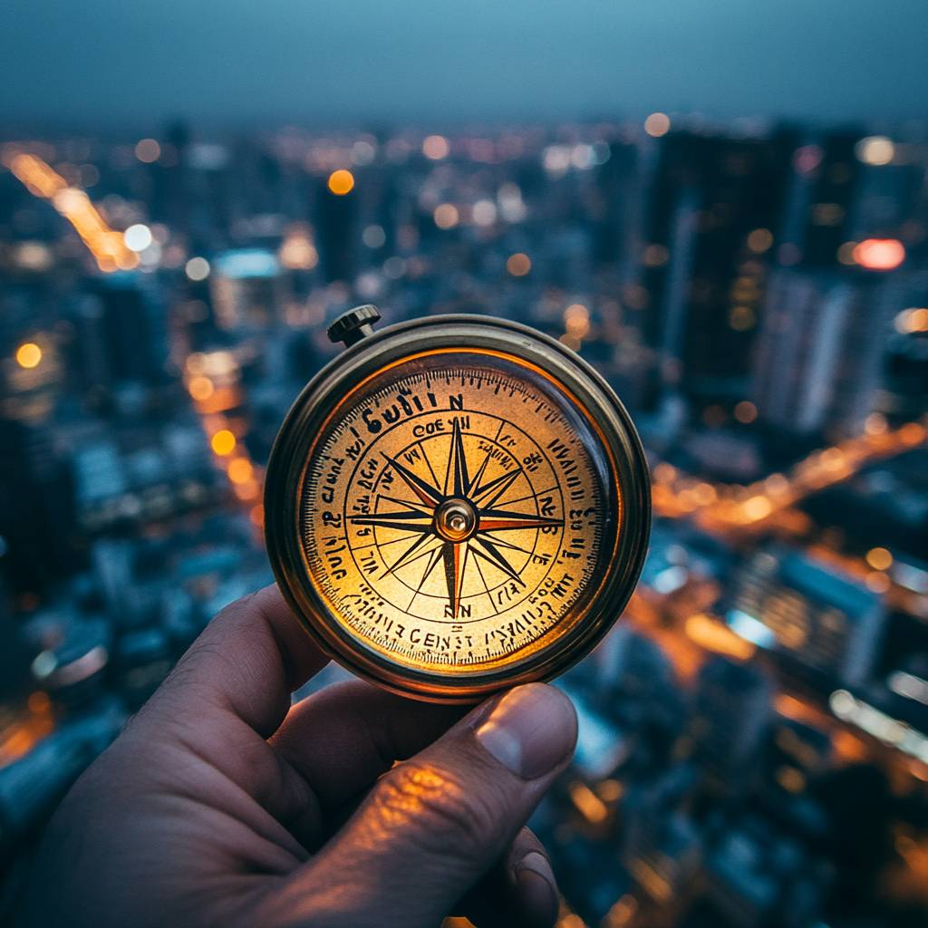 A hand holding a vintage brass compass against a blurred city skyline at dusk, with city lights glowing in the background.