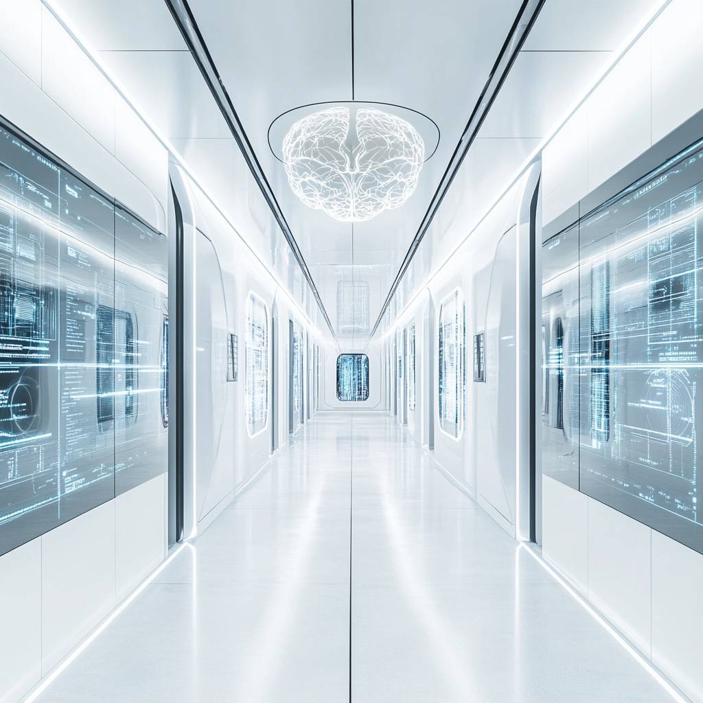 A futuristic corridor with sleek white walls, glowing blue data displays, and a decorative light fixture resembling a brain overhead.