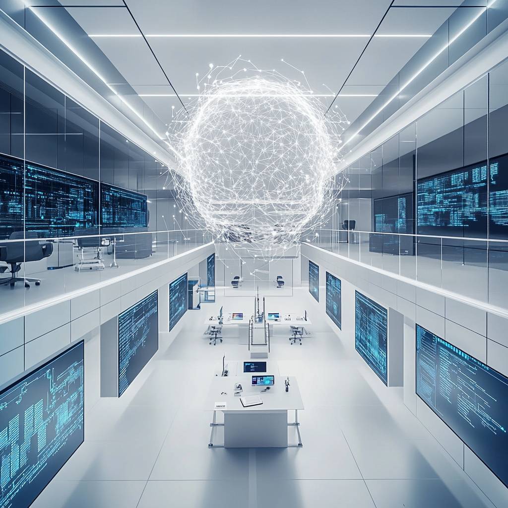 A futuristic laboratory featuring sleek white interiors, multiple digital screens displaying data, and a glowing spherical structure above the workspace.