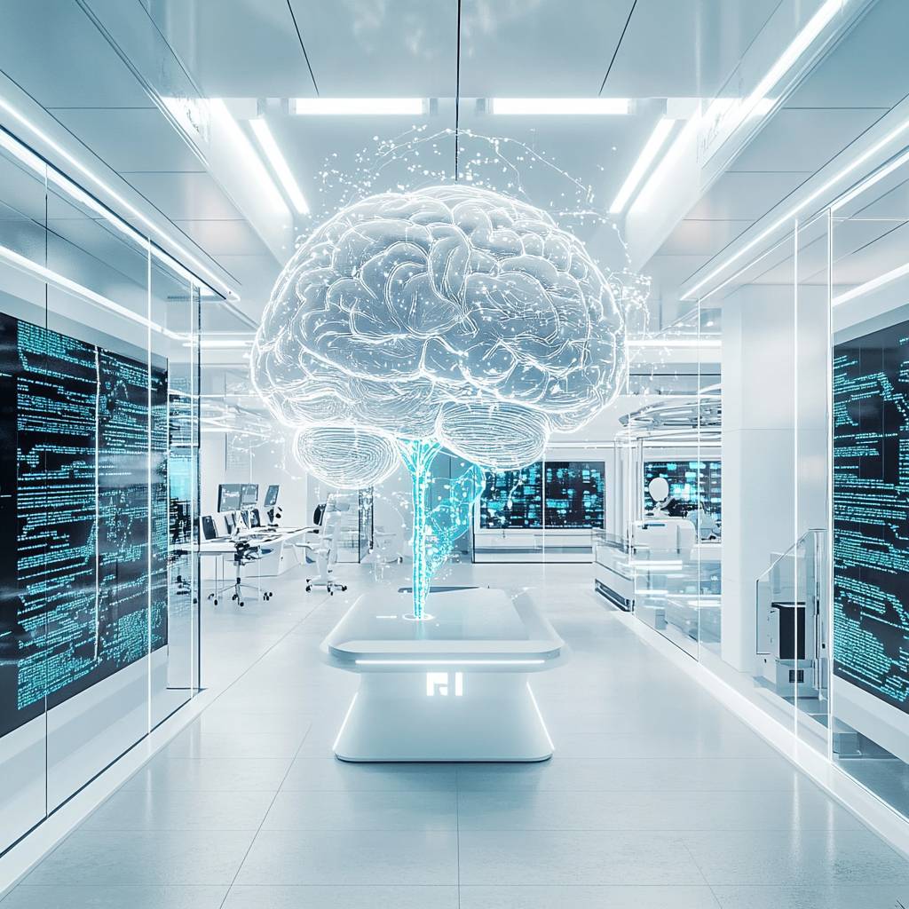 A modern, high-tech laboratory featuring a large holographic brain displayed above a sleek white table, with screens showing digital data and code.