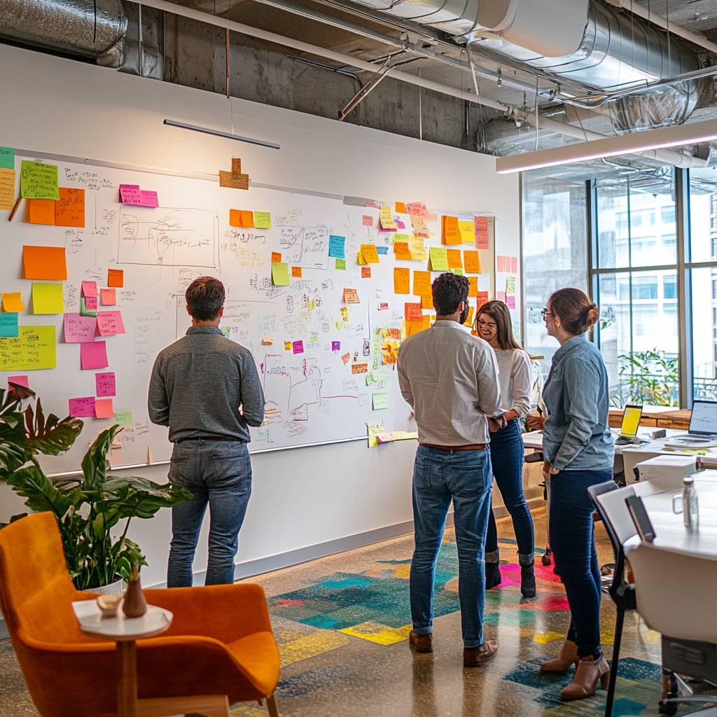 A group of four people collaborate in a modern office space with a whiteboard covered in colorful sticky notes and diagrams.