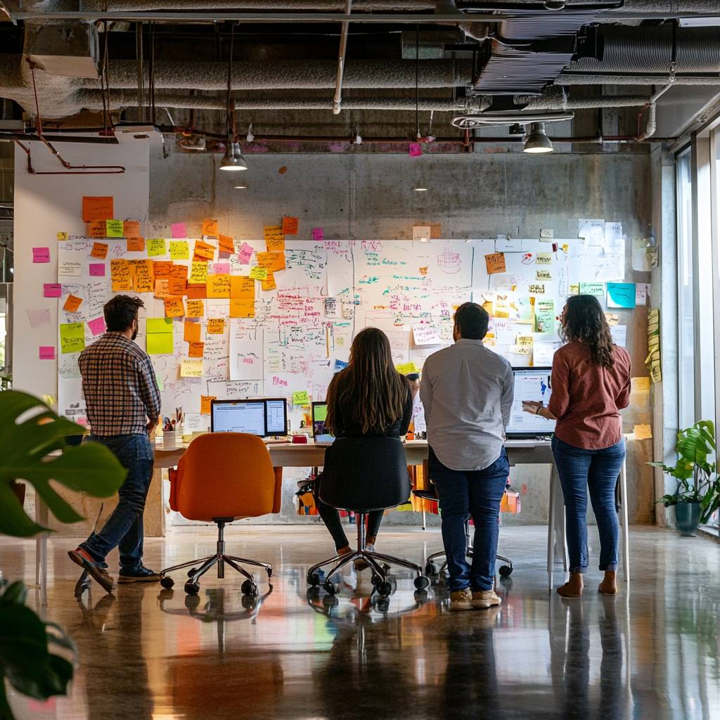 A group of four people standing in an office space, facing a wall covered in colorful sticky notes and brainstorming materials, with desks in the foreground.
