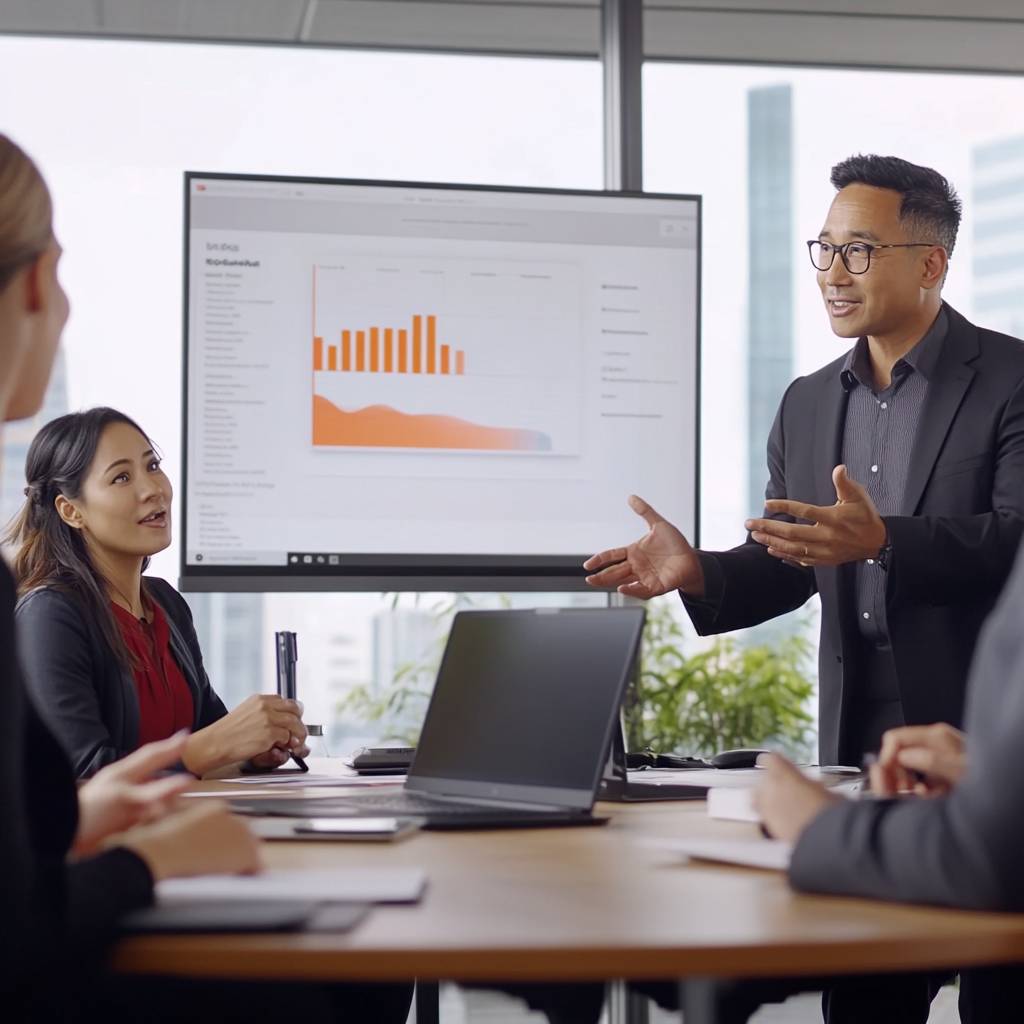 A business meeting in a modern office with a male presenter gesturing towards a screen displaying bar graphs, while colleagues attentively listen.