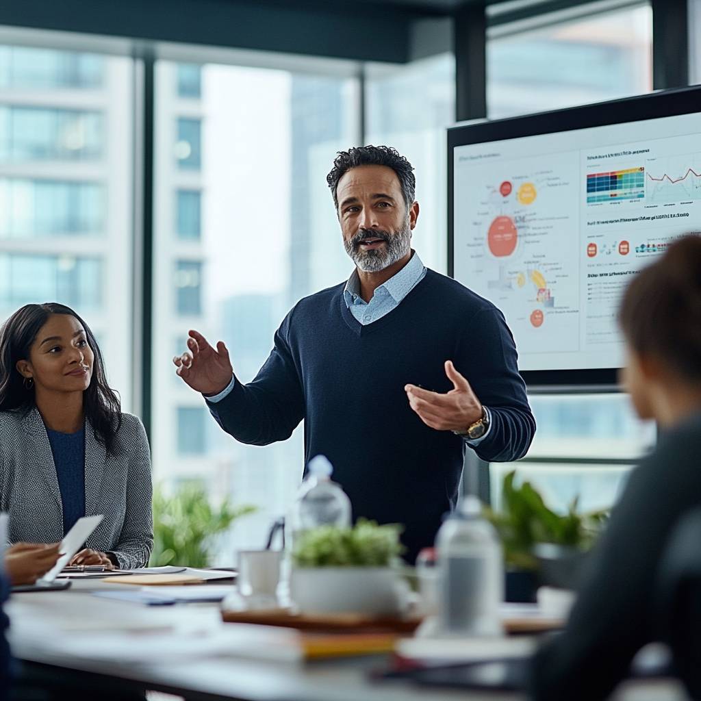 A middle-aged man in a navy sweater gestures while presenting to a small group in a modern office, with charts on a screen behind him.