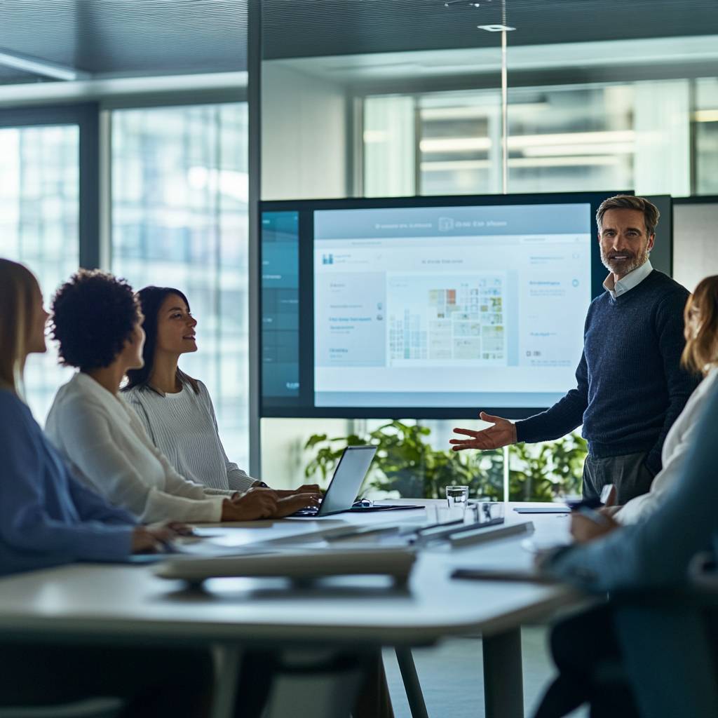 In a modern conference room, a man presents to a group of five seated colleagues, with a large screen displaying data and charts behind him.
