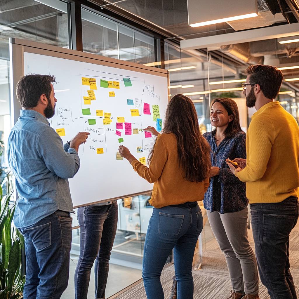 A group of five colleagues collaborates at a whiteboard covered in colorful sticky notes, discussing ideas in a modern office setting.