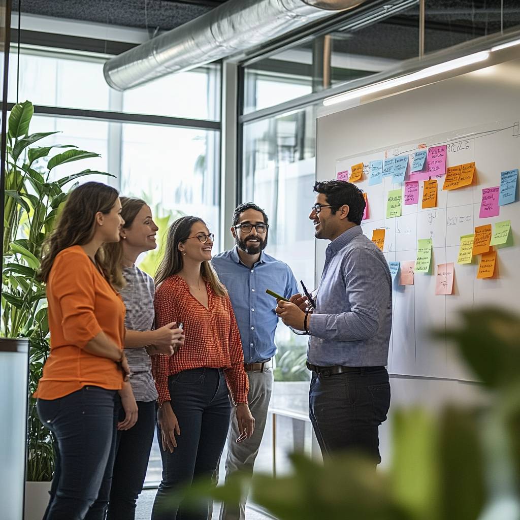 A diverse group of five professionals engages in a discussion near a whiteboard filled with colorful sticky notes in a modern office setting.