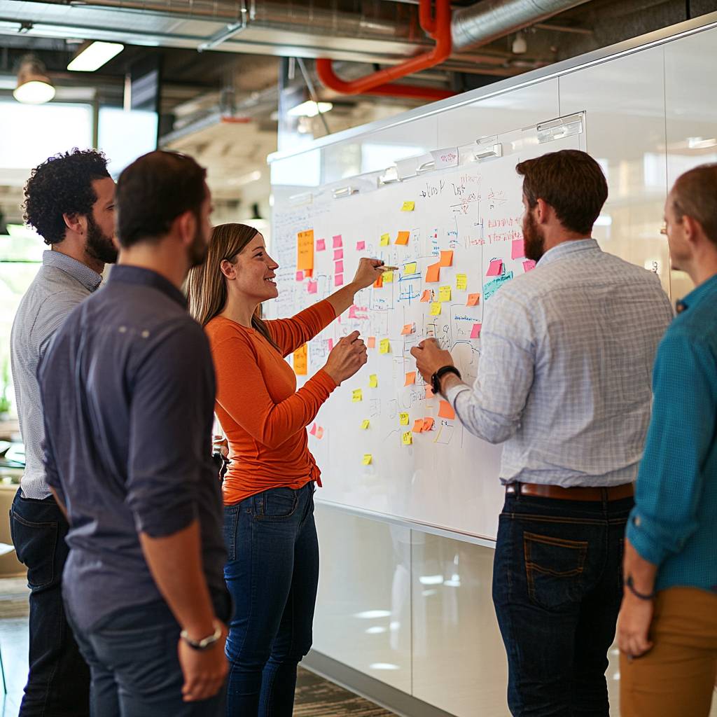 A diverse group of professionals collaborates around a whiteboard filled with colorful sticky notes and charts in a modern office setting.