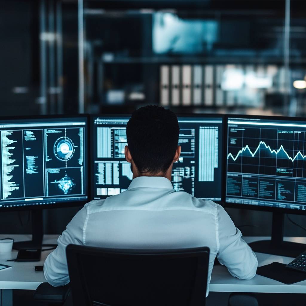 A person in a white shirt sits at a desk, facing multiple monitors displaying data charts and programming code in a dimly lit office environment.