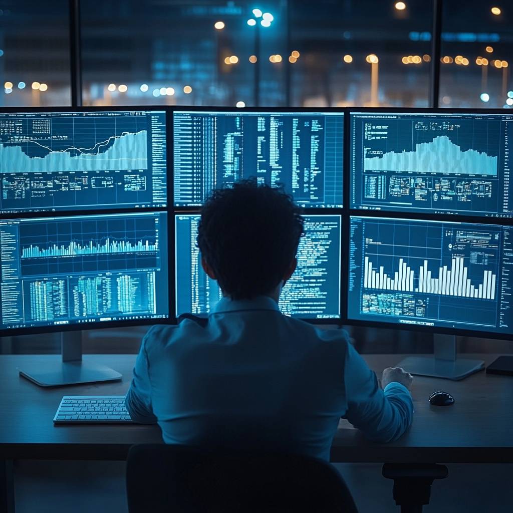 A person in a blue shirt sits at a desk facing multiple monitors displaying financial data, graphs, and code, with city lights in the background.