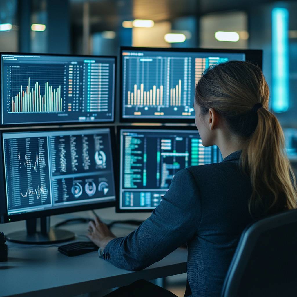 A woman in a suit sits at a desk, focused on multiple computer screens displaying data analysis, graphs, and metrics in a modern office setting.