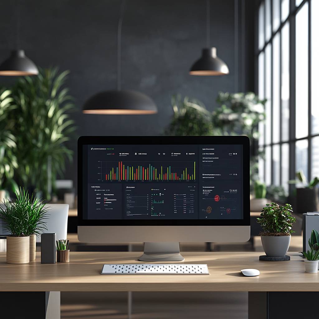 A modern workspace featuring a desktop computer displaying colorful graphs and analytics on a dark interface, surrounded by plants and bright lighting.