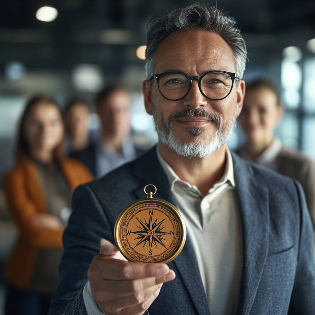 A smiling man with a beard in glasses holds a compass in front of him, with three people blurred in the background, set in an office environment.