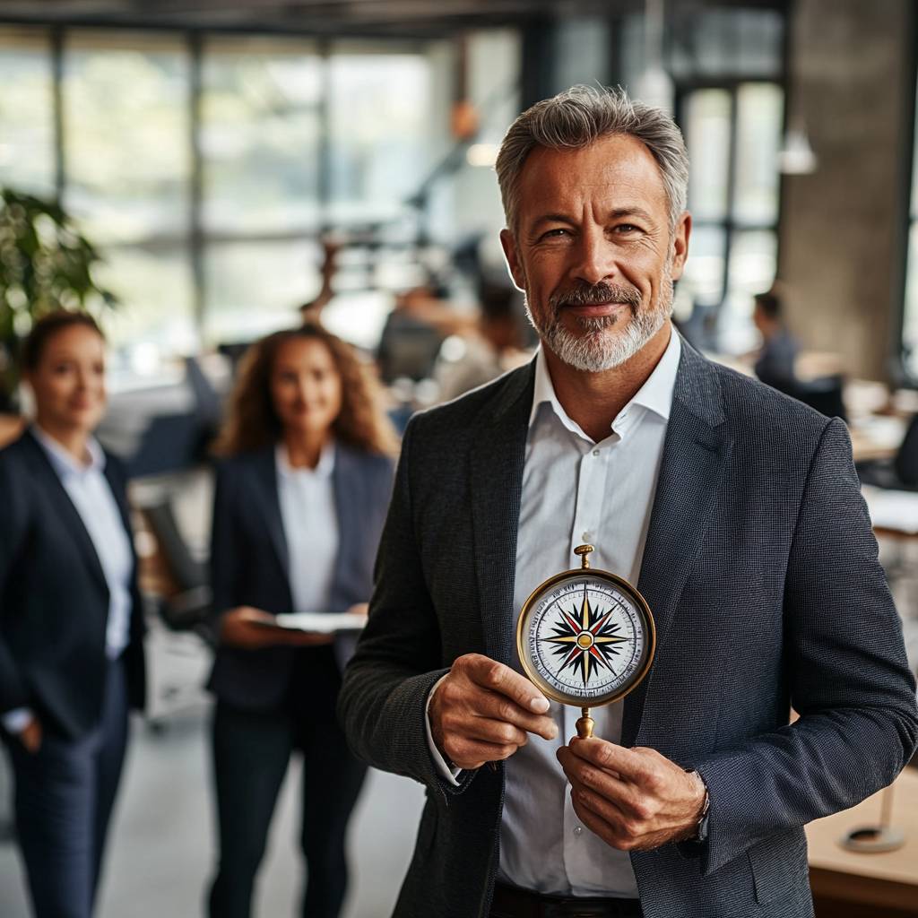 A confident businessman in a suit holds a compass, smiling at the camera, with two colleagues in the background, set in a modern office environment.
