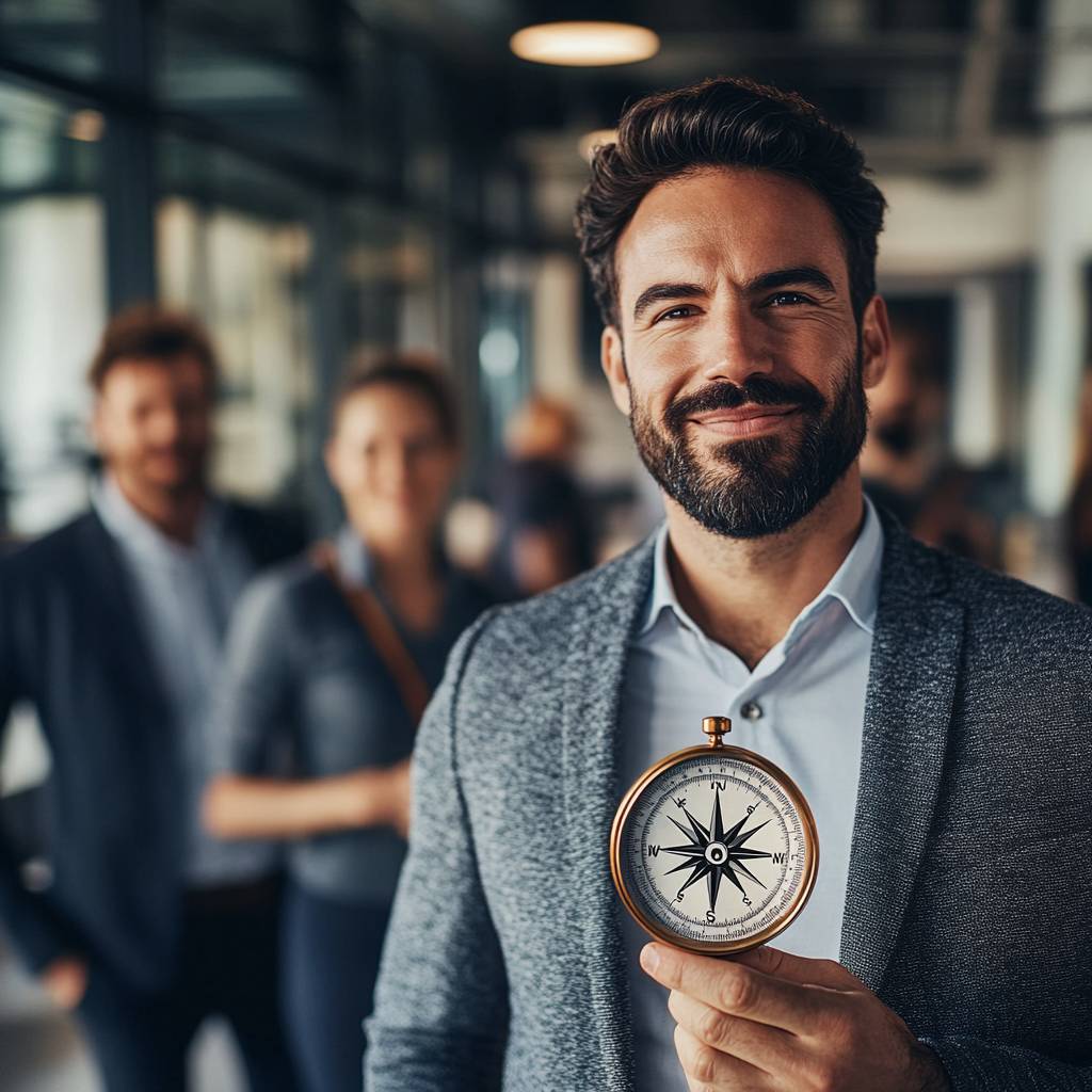 A bearded man in a gray blazer smiles while holding a compass, with blurred colleagues in the background, in a modern office setting.