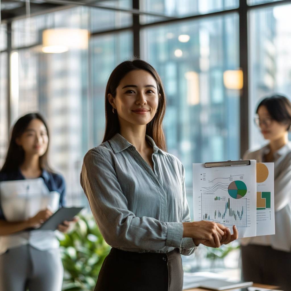 A confident woman in a striped shirt holds charts and graphs while smiling, with two colleagues in the background in a modern office setting.
