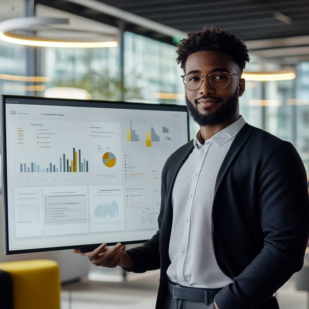 A young professional man with a beard and glasses stands in front of a large screen displaying various charts and data visualizations in a modern office.