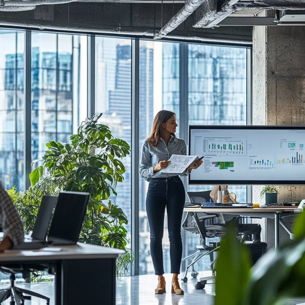 A woman in a light blue shirt stands in an office, holding documents and presenting data on a screen, with city skyline visible through large windows.