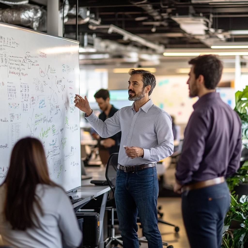 A group of professionals in a modern office discussing ideas, with one person presenting at a whiteboard filled with notes and diagrams.