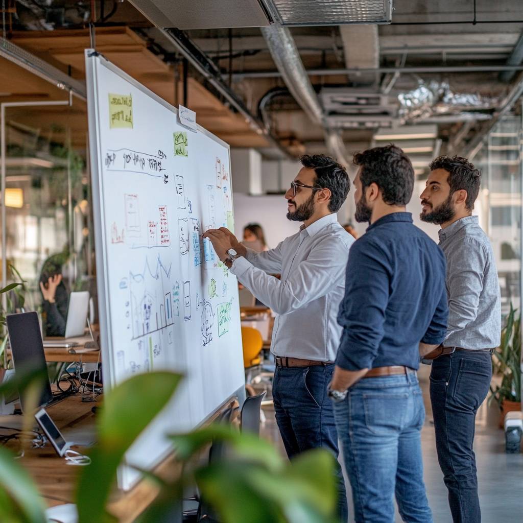 Three men in a modern office are discussing charts and diagrams on a large whiteboard, while a woman works at a desk in the background.