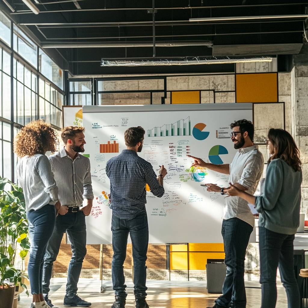 A group of five professionals collaborates in a modern office, analyzing charts and notes on a whiteboard while standing around it.