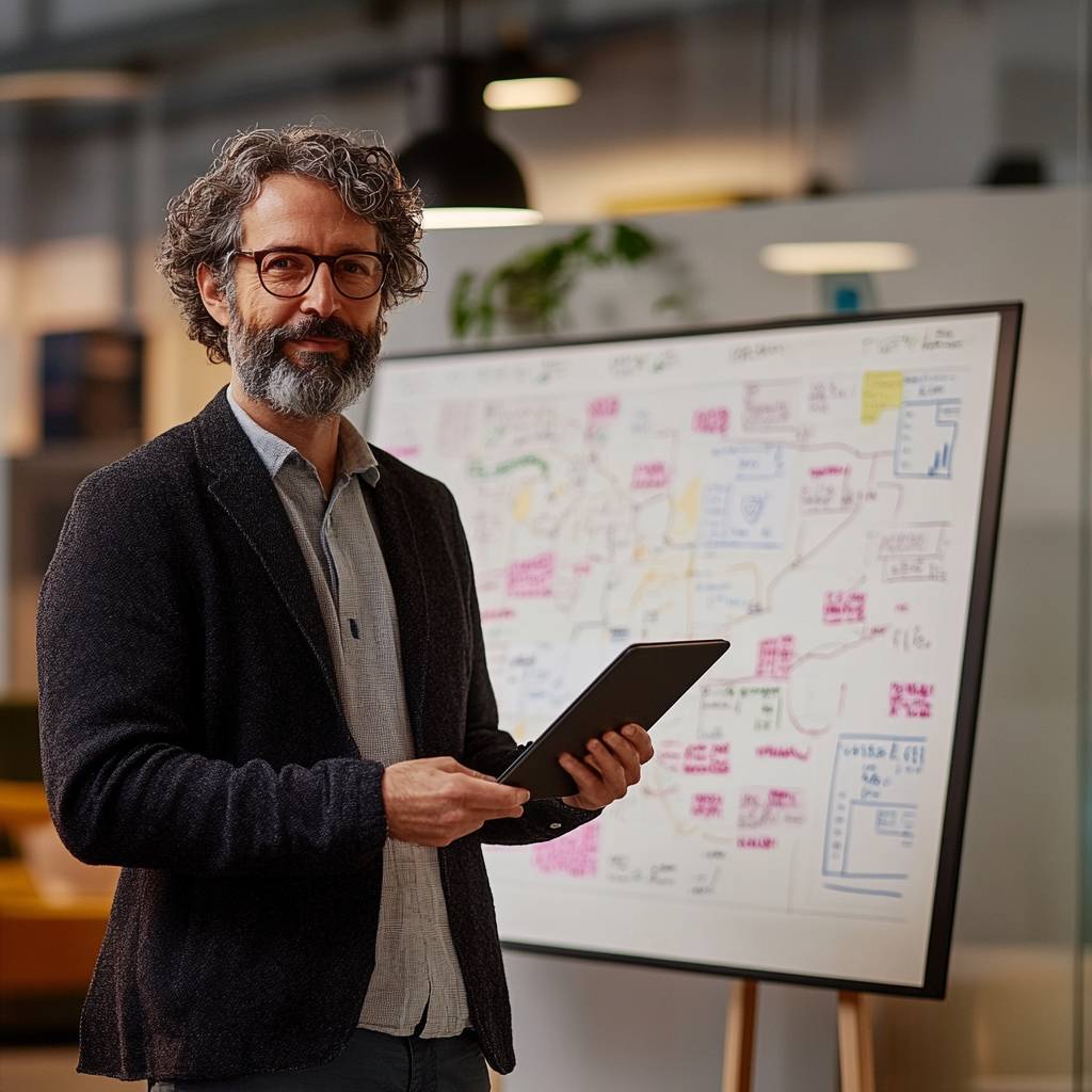 A man with curly hair and a beard stands holding a tablet, smiling in front of a whiteboard filled with colorful notes and diagrams.