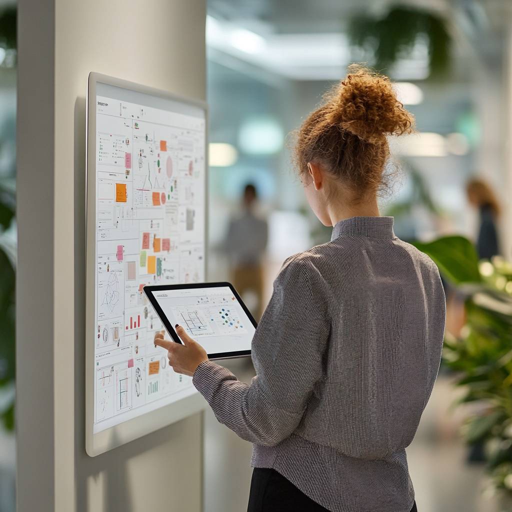 A woman with curly hair stands in front of a digital display covered in charts and graphs, holding a tablet in a modern office setting.