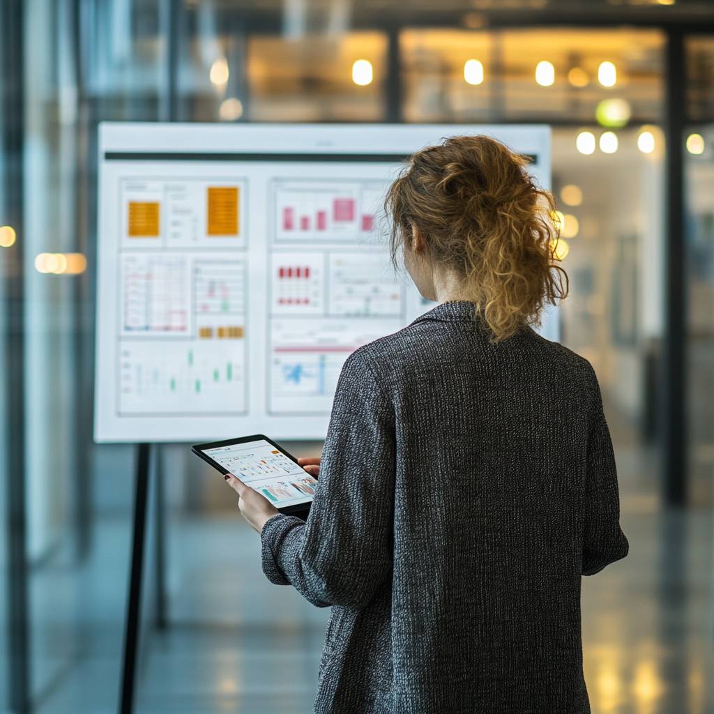 A woman with curly hair stands holding a tablet, examining a presentation board displaying various graphs and data charts in a modern office space.