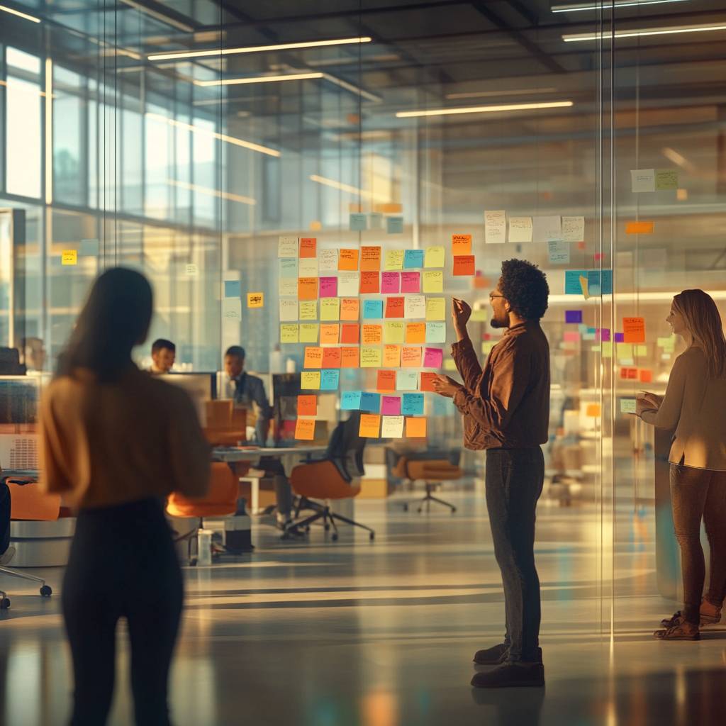 A diverse group of professionals collaborates in a modern office, reviewing colorful sticky notes on a glass wall while seated at desks in the background.