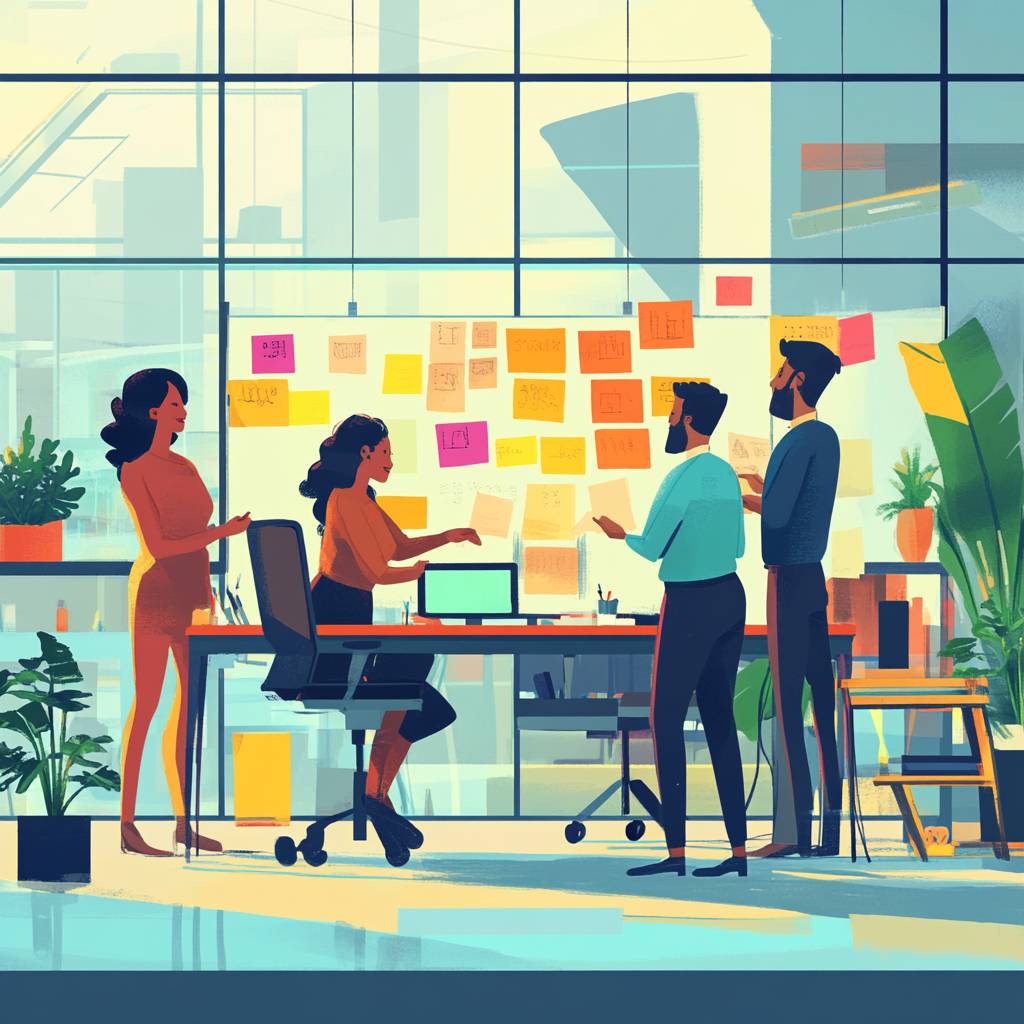 A modern office setting with four professionals discussing ideas around a desk, surrounded by colorful sticky notes on a glass wall.
